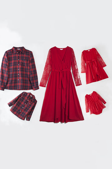 Red Lace Dresses and Long Sleeves T-Shirt Family Matching Outfits